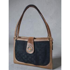 Gucci VTG Black Canvas Shoulder Bag with Brown Leather Trim And Free Bag Insert